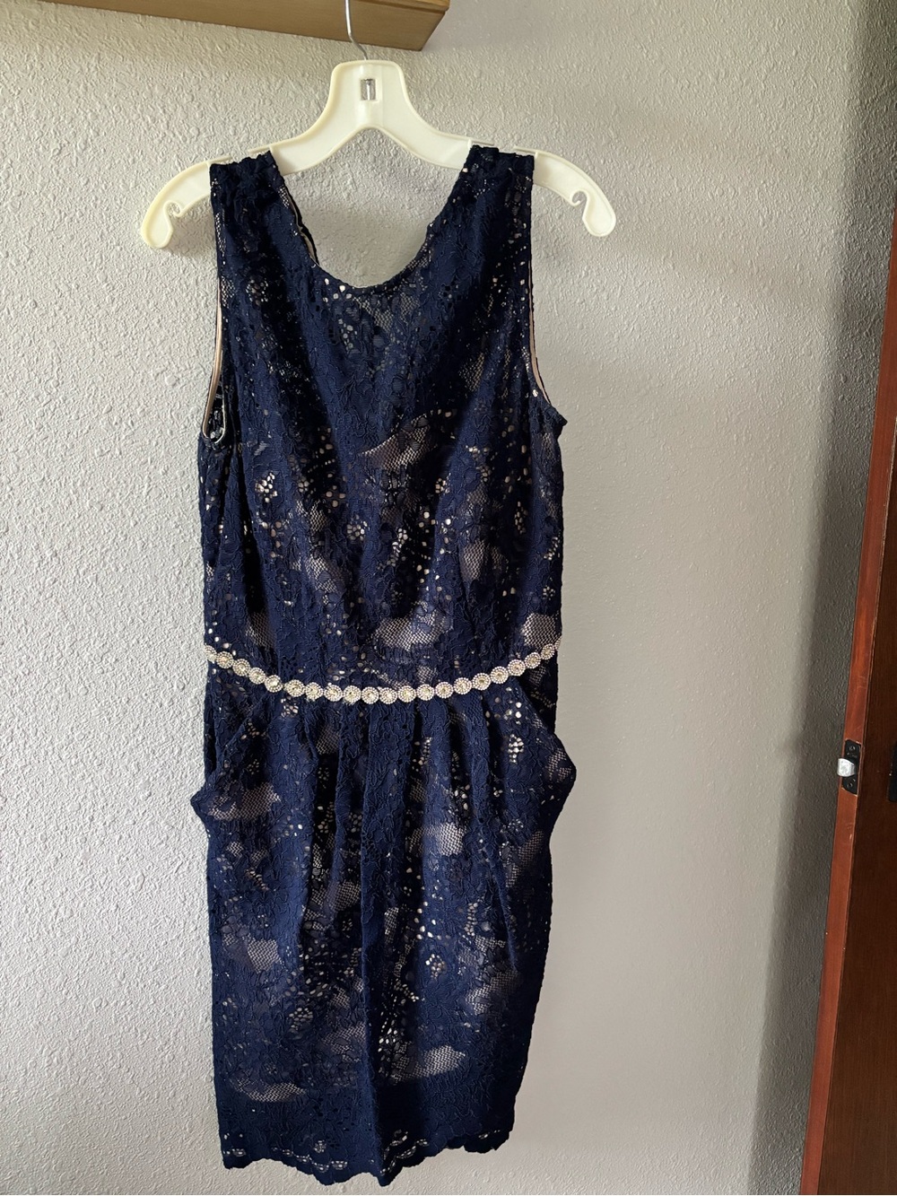 Navy Sleeveless women’s Dress with Embellished Waist Pockets homecoming size 10